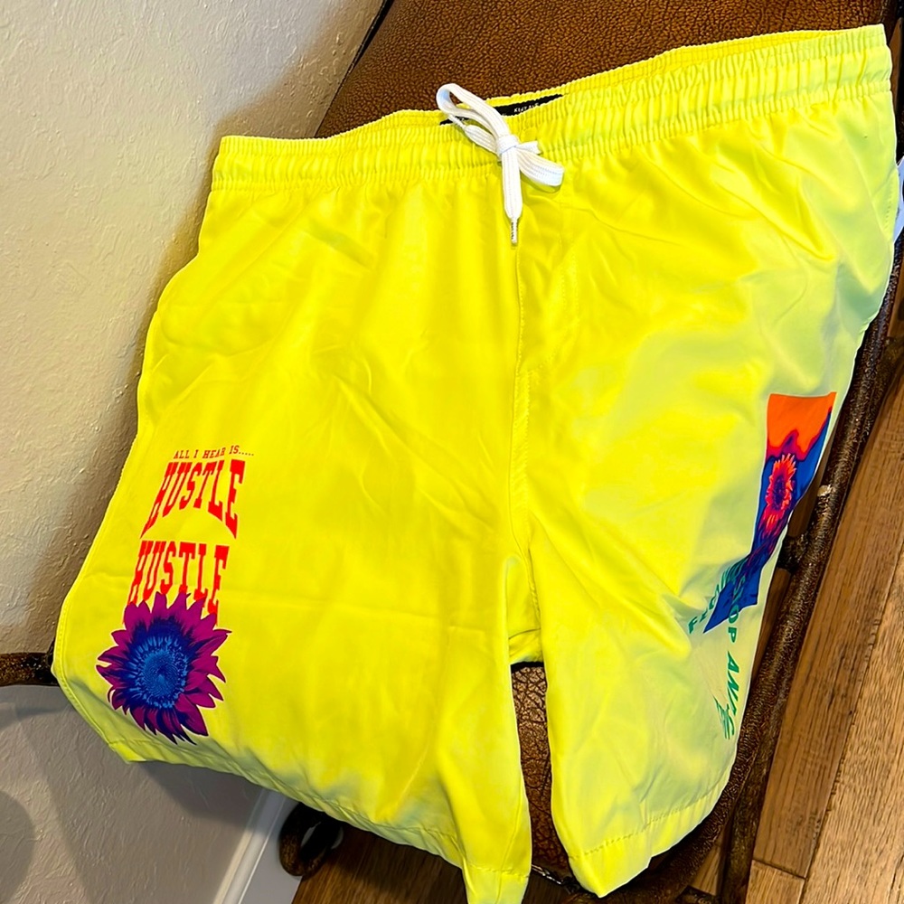 Brooklyn Cloth Swim+Surf Trunk Yellow Acid Green All I Hear Is Hustle Hustle!